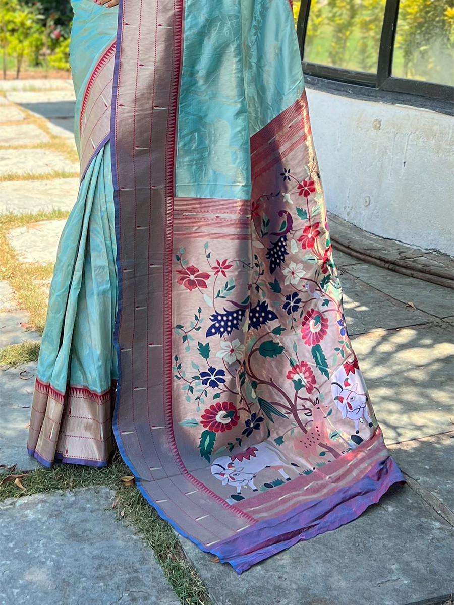 Sky Blue Pure Soft Paithani Silk Zari Wedding Reception Party Festival Casual Heavy Border Sarees