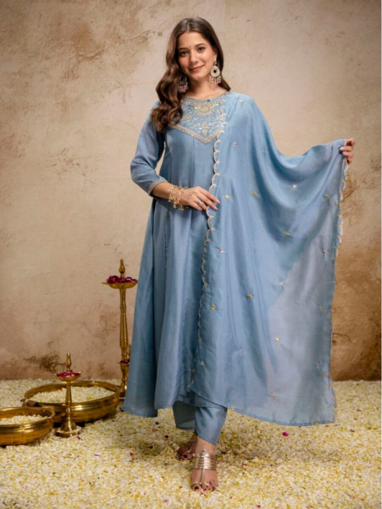 Image of Sky Blue Pure Vichitra Silk Embroidery Wedding Party Festival Ready Pant Salwar Kameez
