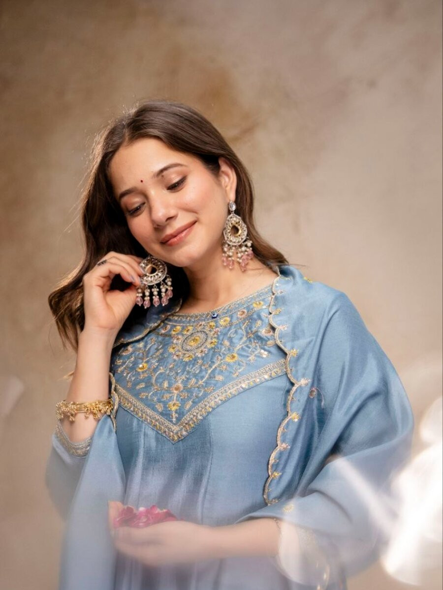 Sky Blue Pure Vichitra Silk Embroidery Wedding Party Festival Ready Pant Salwar Kameez