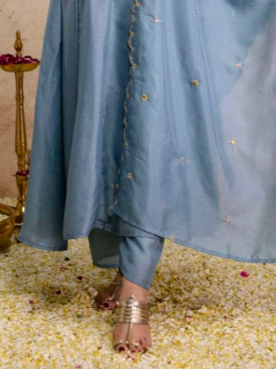 Sky Blue Pure Vichitra Silk Embroidery Wedding Party Festival Ready Pant Salwar Kameez