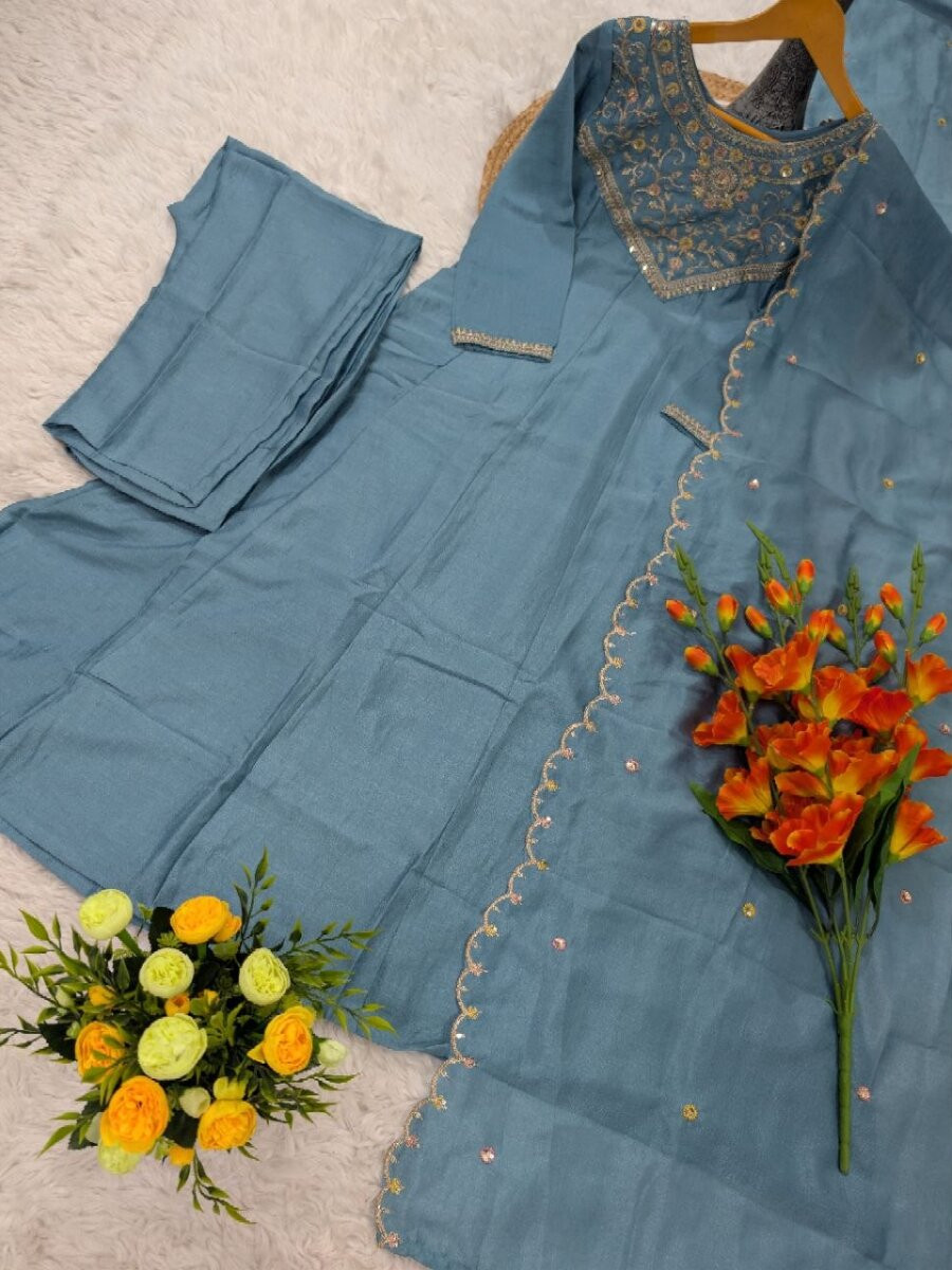 Sky Blue Pure Vichitra Silk Embroidery Wedding Party Festival Ready Pant Salwar Kameez