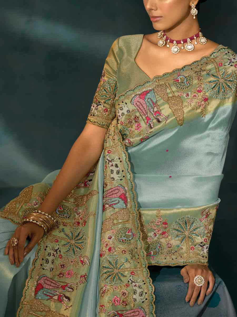 Sky Blue Pure Ziraf Silk Embroidery Bridal Reception Festival Wedding Fancy Heavy Border Saree