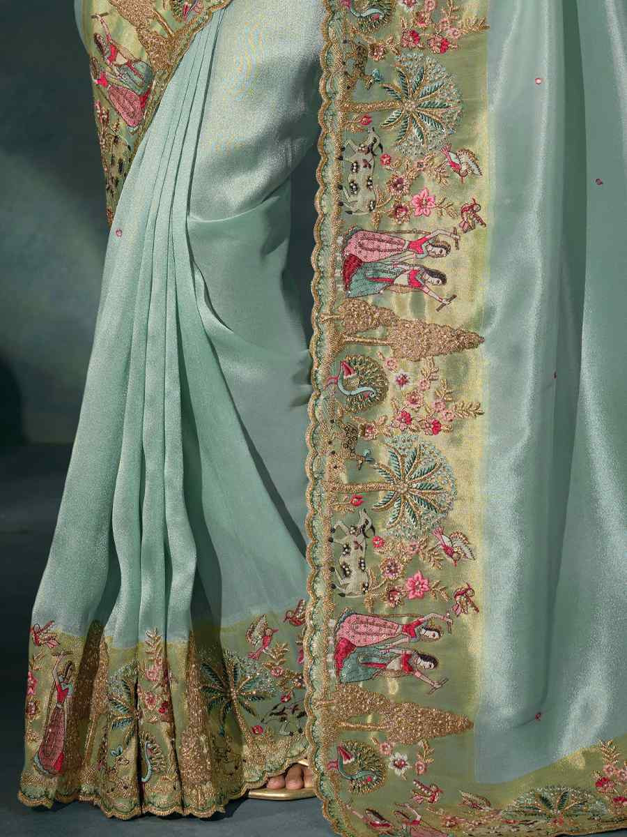 Sky Blue Pure Ziraf Silk Embroidery Bridal Reception Festival Wedding Fancy Heavy Border Saree