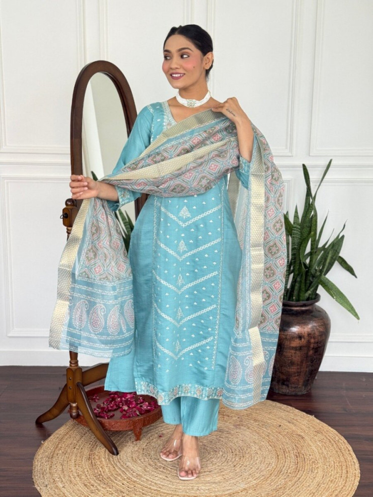 Image of Sky Blue PV Chanderi Embroidery Wedding Party Festival Casual Reday Palazzo Pant Salwar Kameez