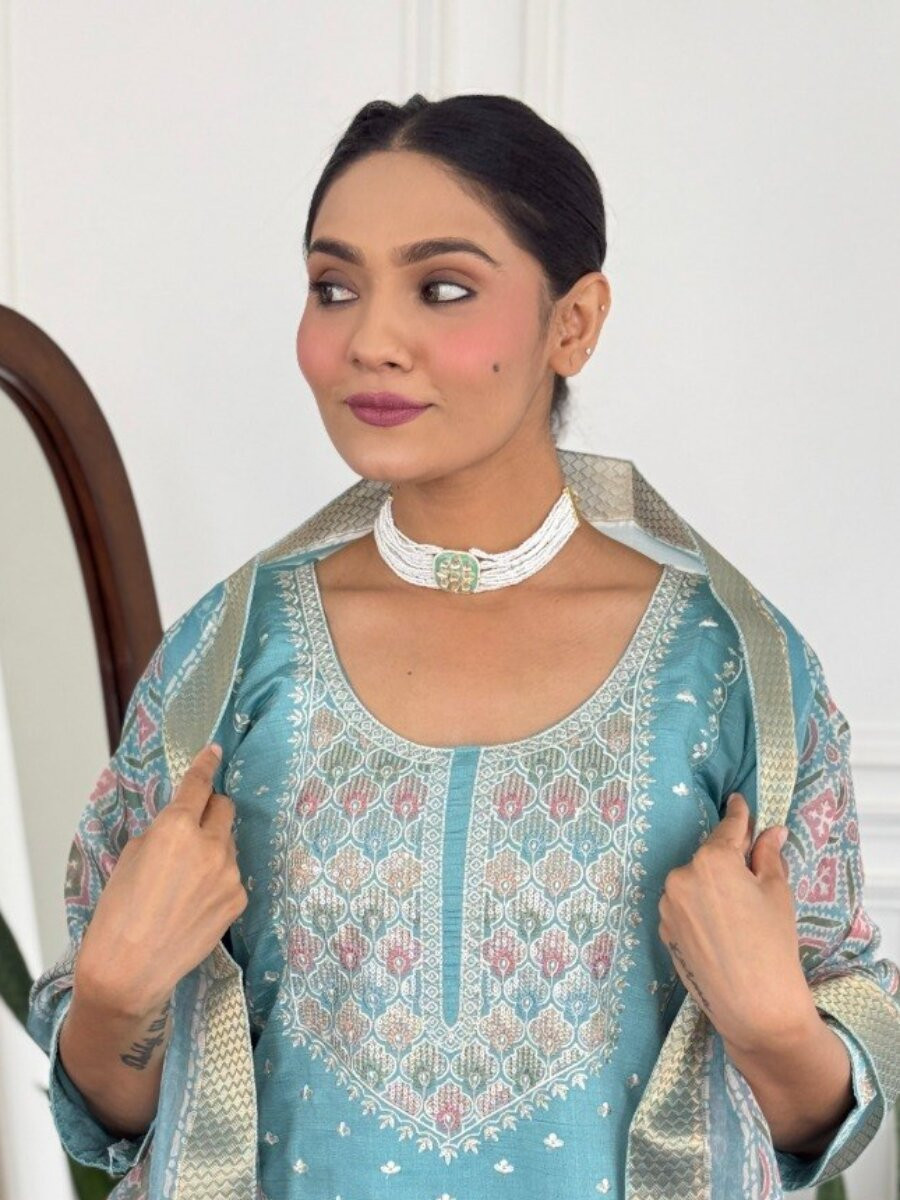 Sky Blue PV Chanderi Embroidery Wedding Party Festival Casual Reday Palazzo Pant Salwar Kameez