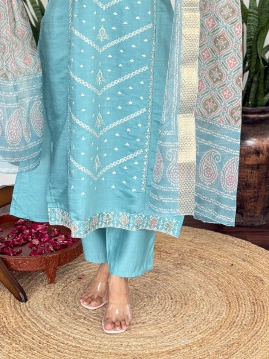 Sky Blue PV Chanderi Embroidery Wedding Party Festival Casual Reday Palazzo Pant Salwar Kameez