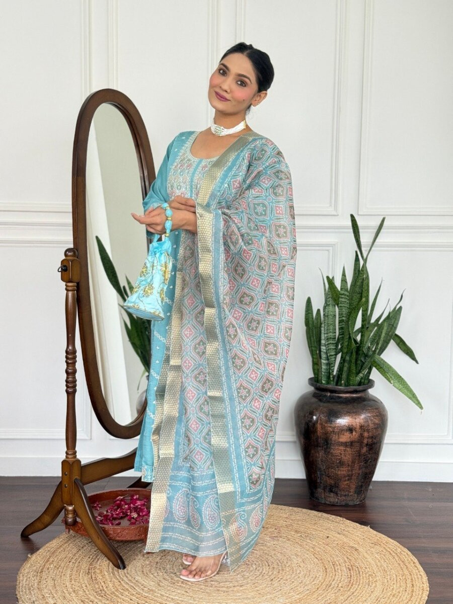 Sky Blue PV Chanderi Embroidery Wedding Party Festival Casual Reday Palazzo Pant Salwar Kameez