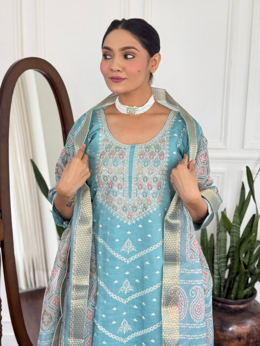 Sky Blue PV Chanderi Embroidery Wedding Party Festival Casual Reday Palazzo Pant Salwar Kameez