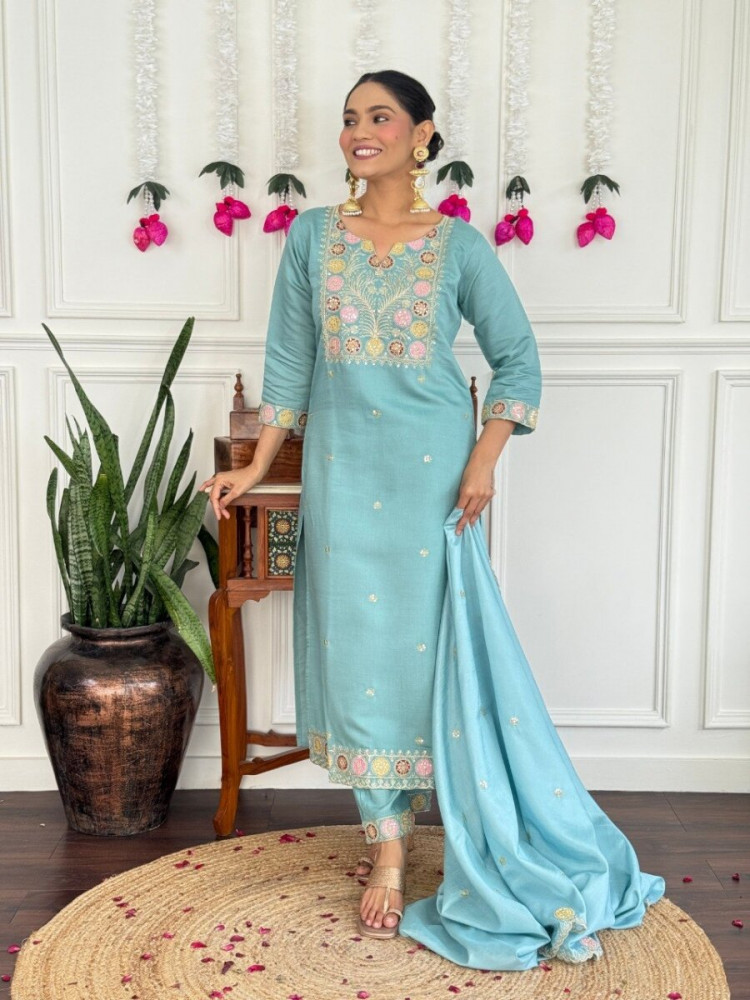 Image of Sky Blue PV Chanderi Embroidery Wedding Party Festival Casual Reday Palazzo Pant Salwar Kameez