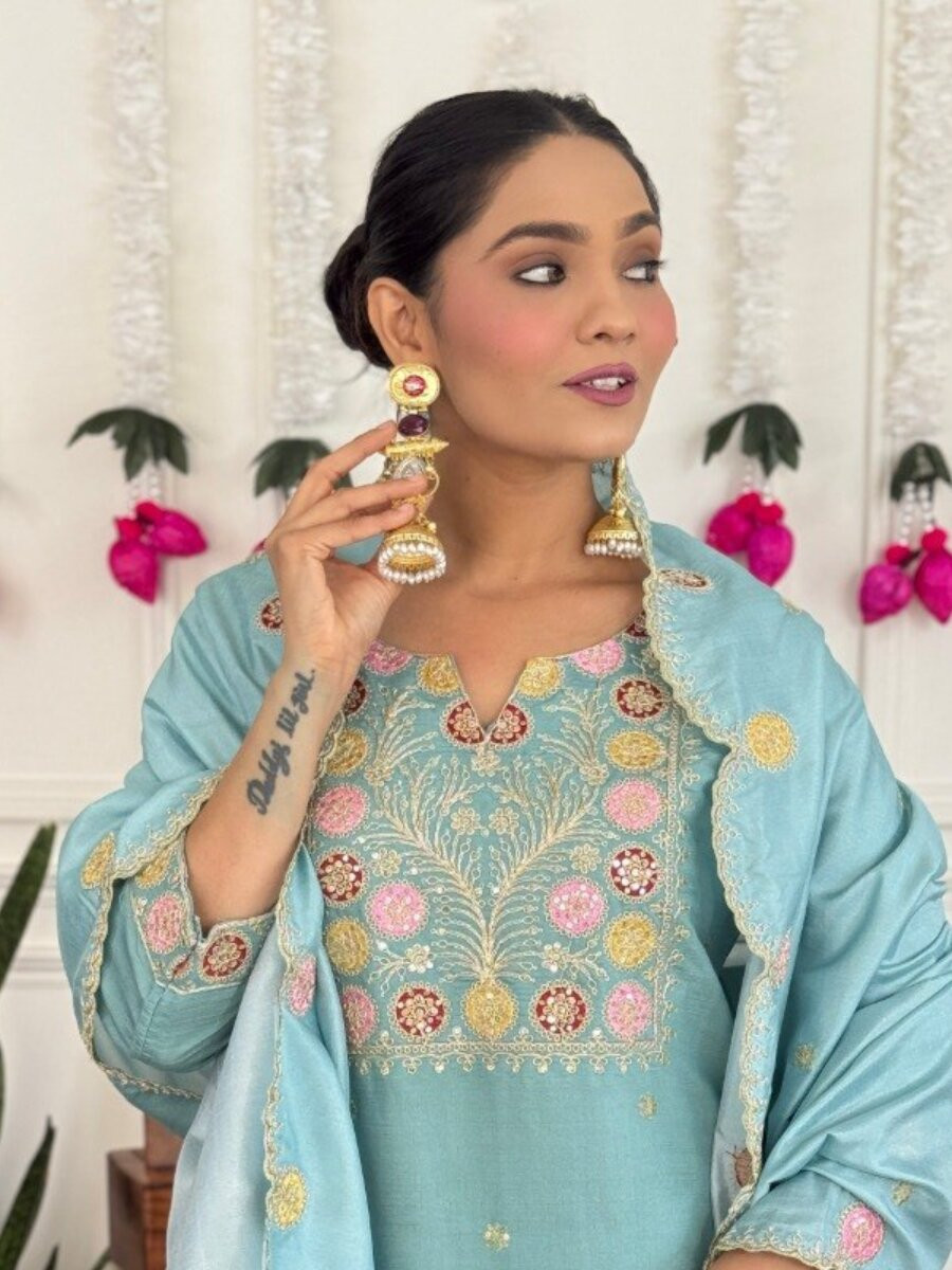 Sky Blue PV Chanderi Embroidery Wedding Party Festival Casual Reday Palazzo Pant Salwar Kameez