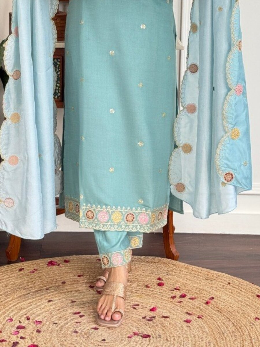 Sky Blue PV Chanderi Embroidery Wedding Party Festival Casual Reday Palazzo Pant Salwar Kameez
