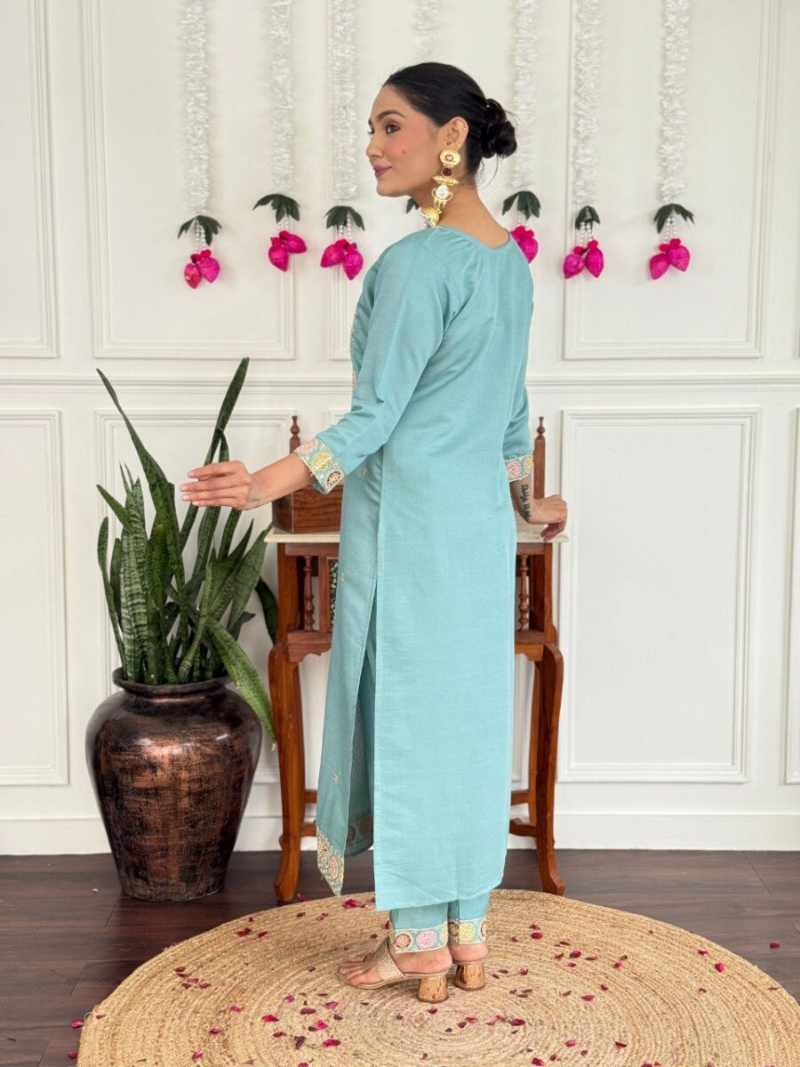 Sky Blue PV Chanderi Embroidery Wedding Party Festival Casual Reday Palazzo Pant Salwar Kameez