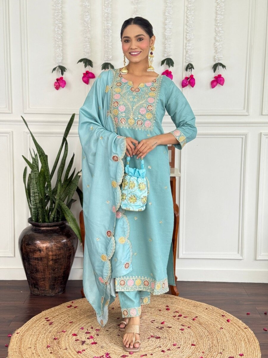 Sky Blue PV Chanderi Embroidery Wedding Party Festival Casual Reday Palazzo Pant Salwar Kameez