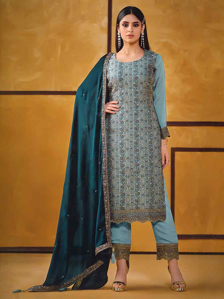 Sky Blue Rangoli Silk Embroidered Festival Wedding Pant Salwar Kameez