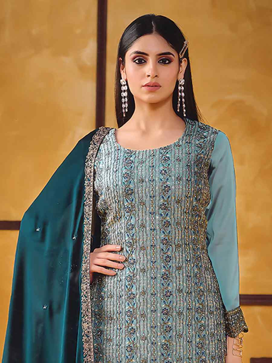 Sky Blue Rangoli Silk Embroidered Festival Wedding Pant Salwar Kameez