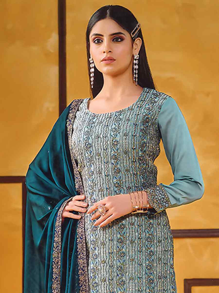 Sky Blue Rangoli Silk Embroidered Festival Wedding Pant Salwar Kameez