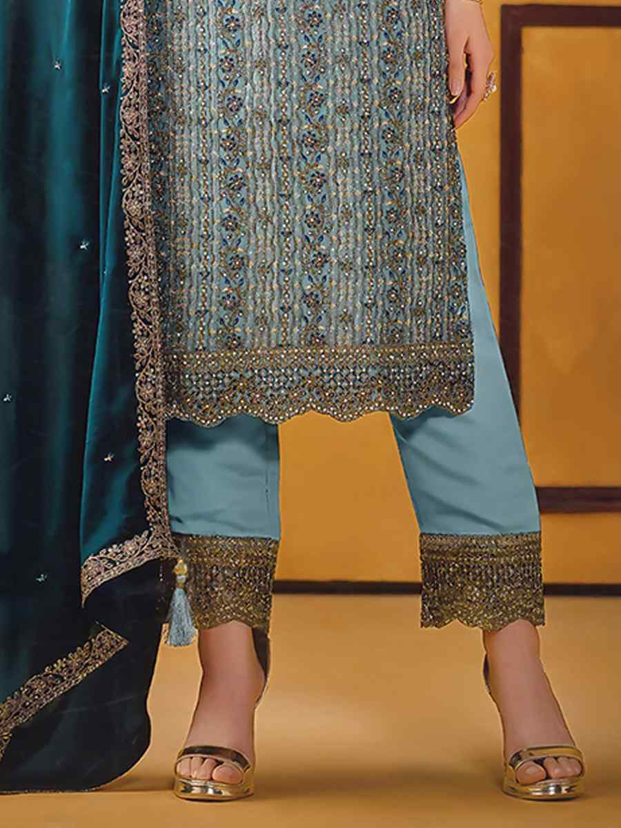 Sky Blue Rangoli Silk Embroidered Festival Wedding Pant Salwar Kameez