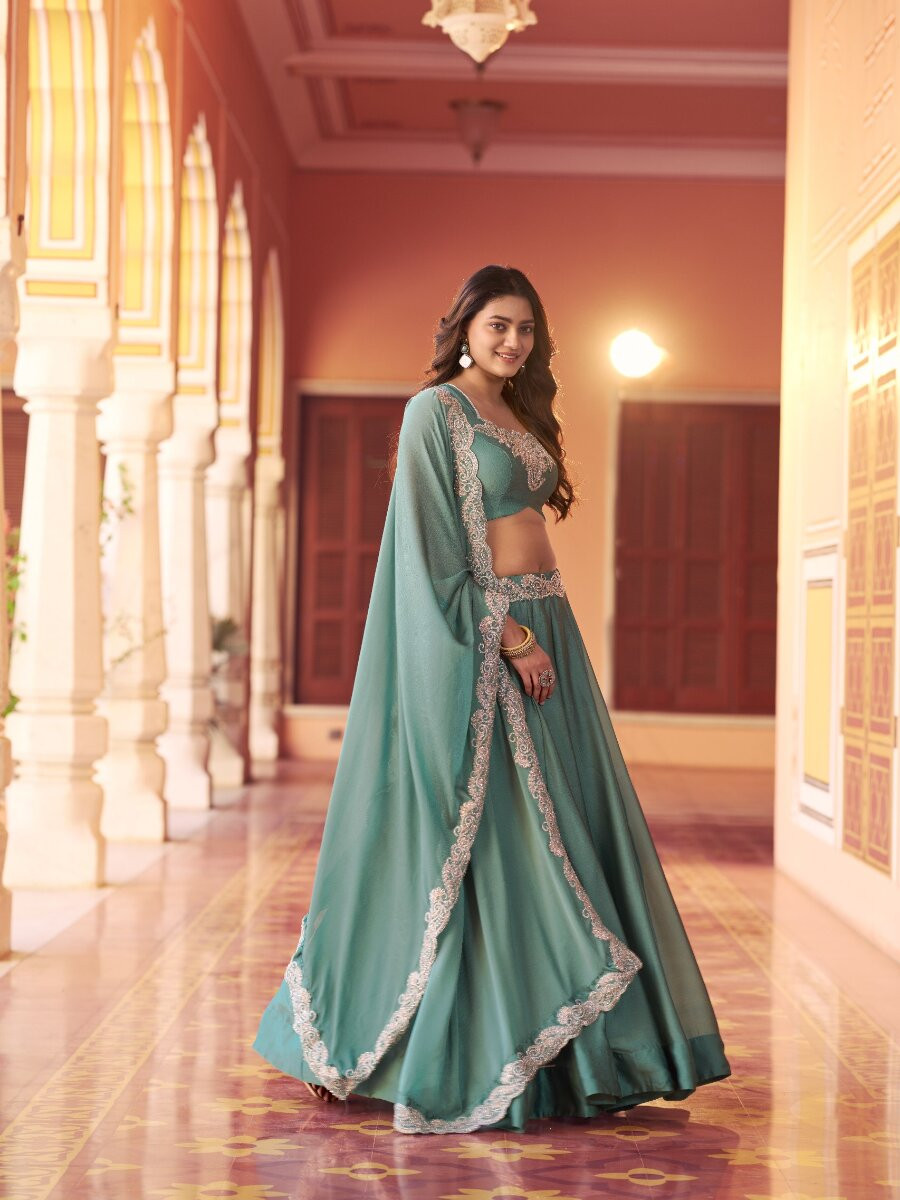 Sky Blue Rangoli Silk Embroidery Sequins with Tube Beads Wedding Reception Party Festival Circular Lehenga Choli