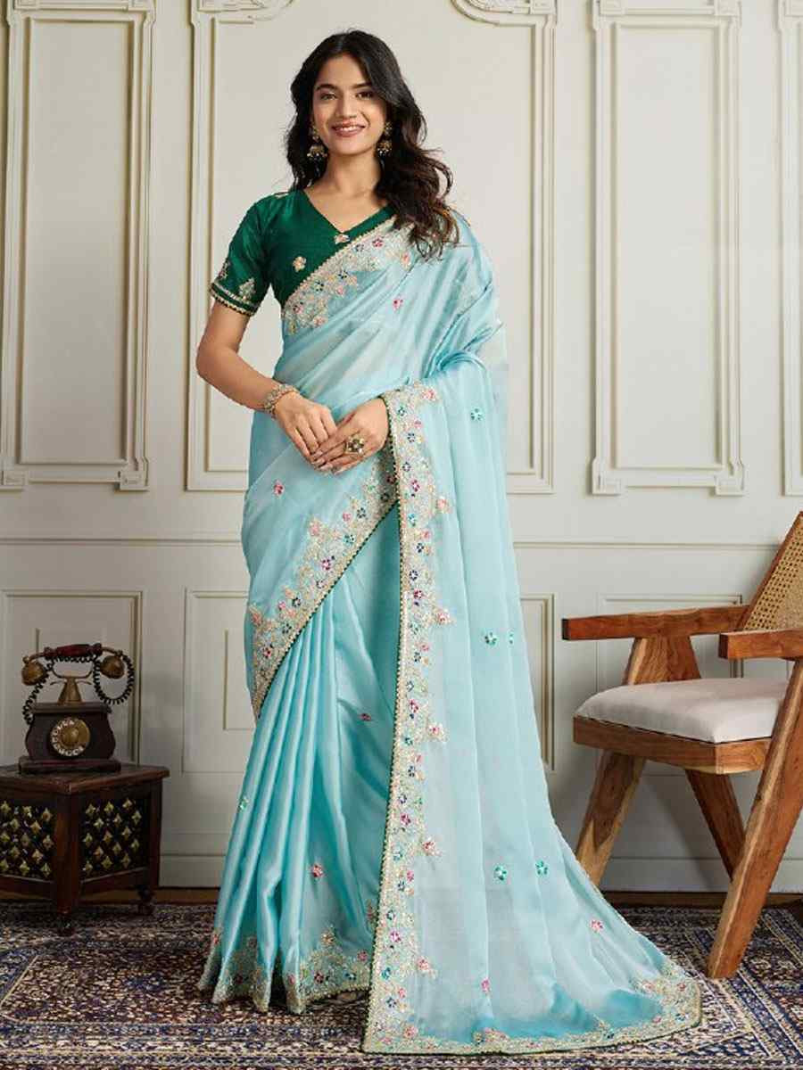 Sky Blue Rangoli Silk Embroidery Traditional Bridal Reception Festival Wedding Fancy Heavy Border Saree