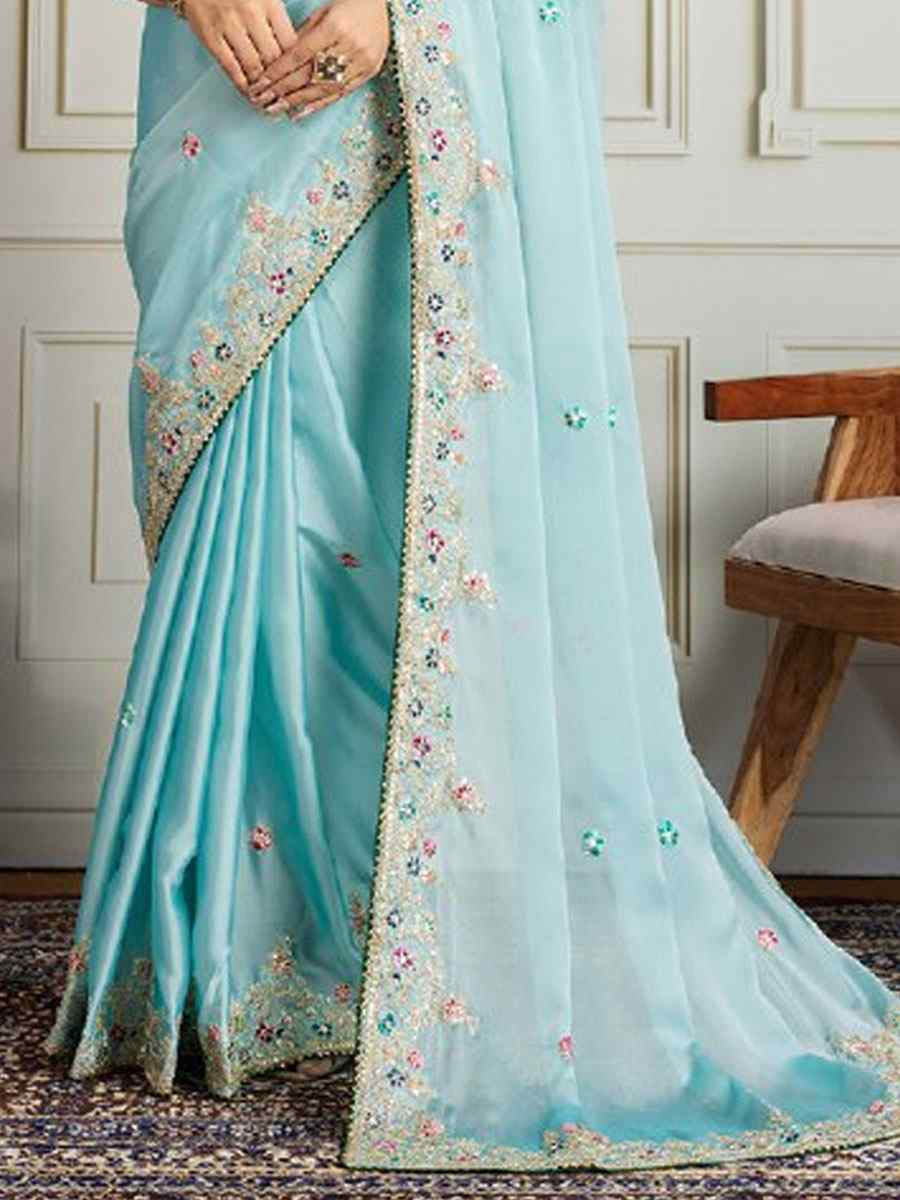 Sky Blue Rangoli Silk Embroidery Traditional Bridal Reception Festival Wedding Fancy Heavy Border Saree