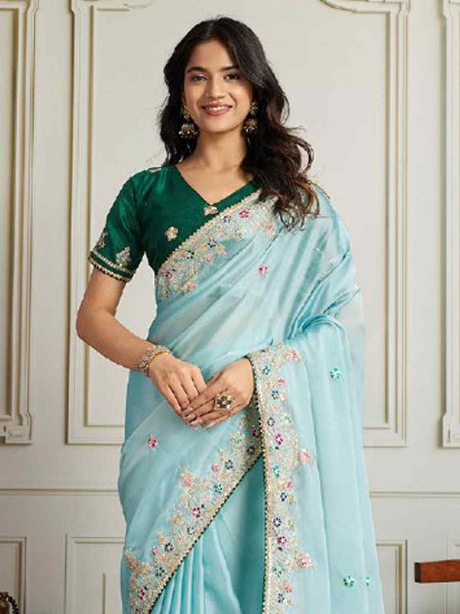 Sky Blue Rangoli Silk Embroidery Traditional Bridal Reception Festival Wedding Fancy Heavy Border Saree