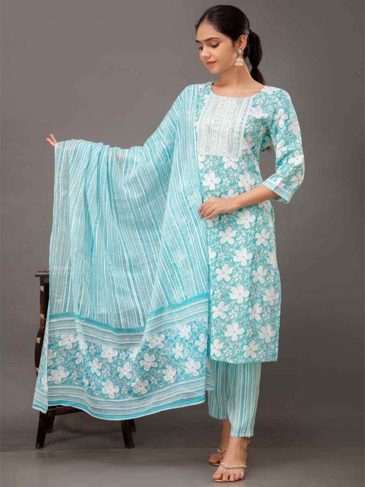 Sky Blue Rayon Cotton Printed Festival Casual Ready Pant Salwar Kameez