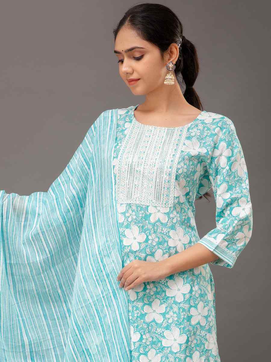 Sky Blue Rayon Cotton Printed Festival Casual Ready Pant Salwar Kameez