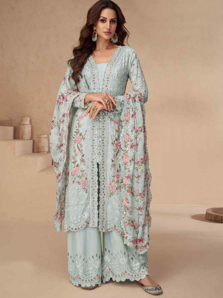 Sky Blue Real Chinon Embroidered Festival Wedding Ready Palazzo Pant Salwar Kameez