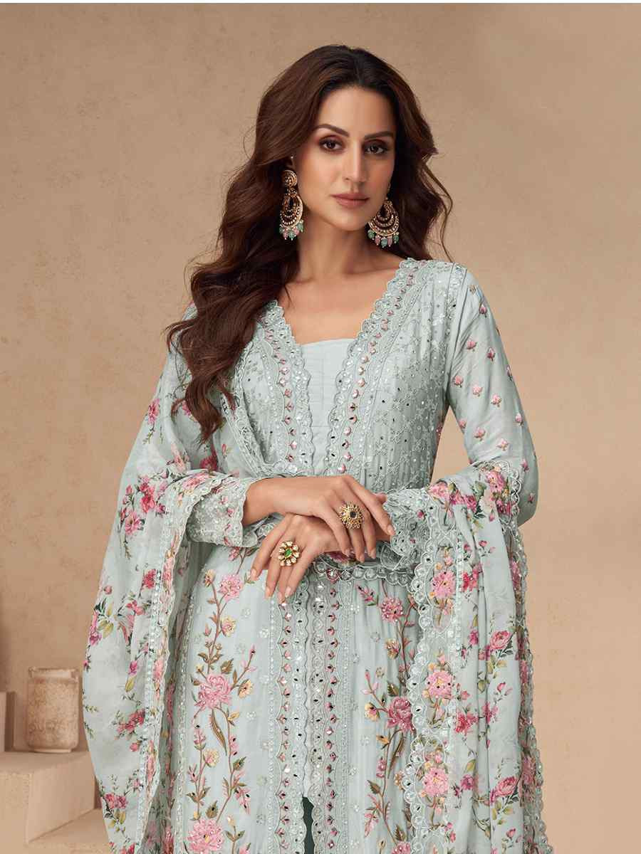 Sky Blue Real Chinon Embroidered Festival Wedding Ready Palazzo Pant Salwar Kameez
