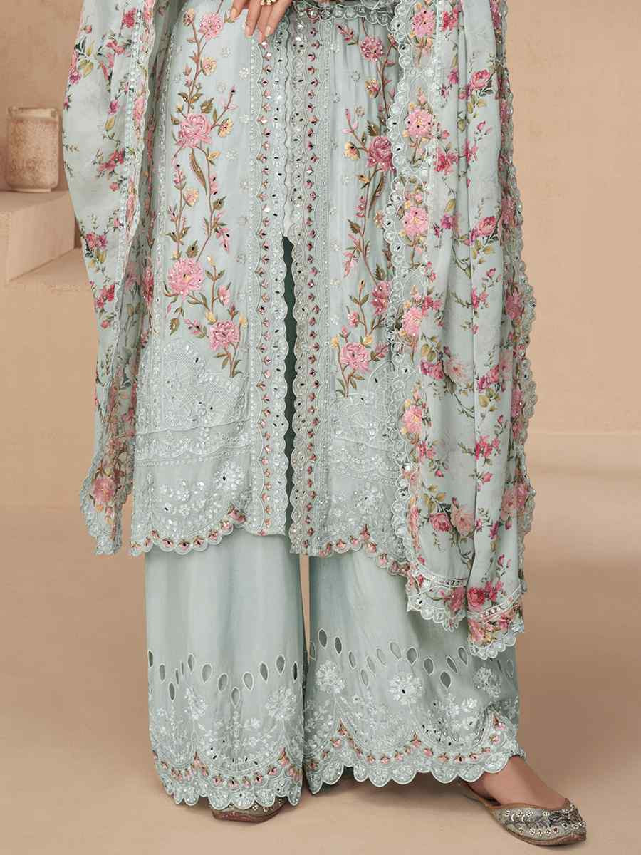 Sky Blue Real Chinon Embroidered Festival Wedding Ready Palazzo Pant Salwar Kameez