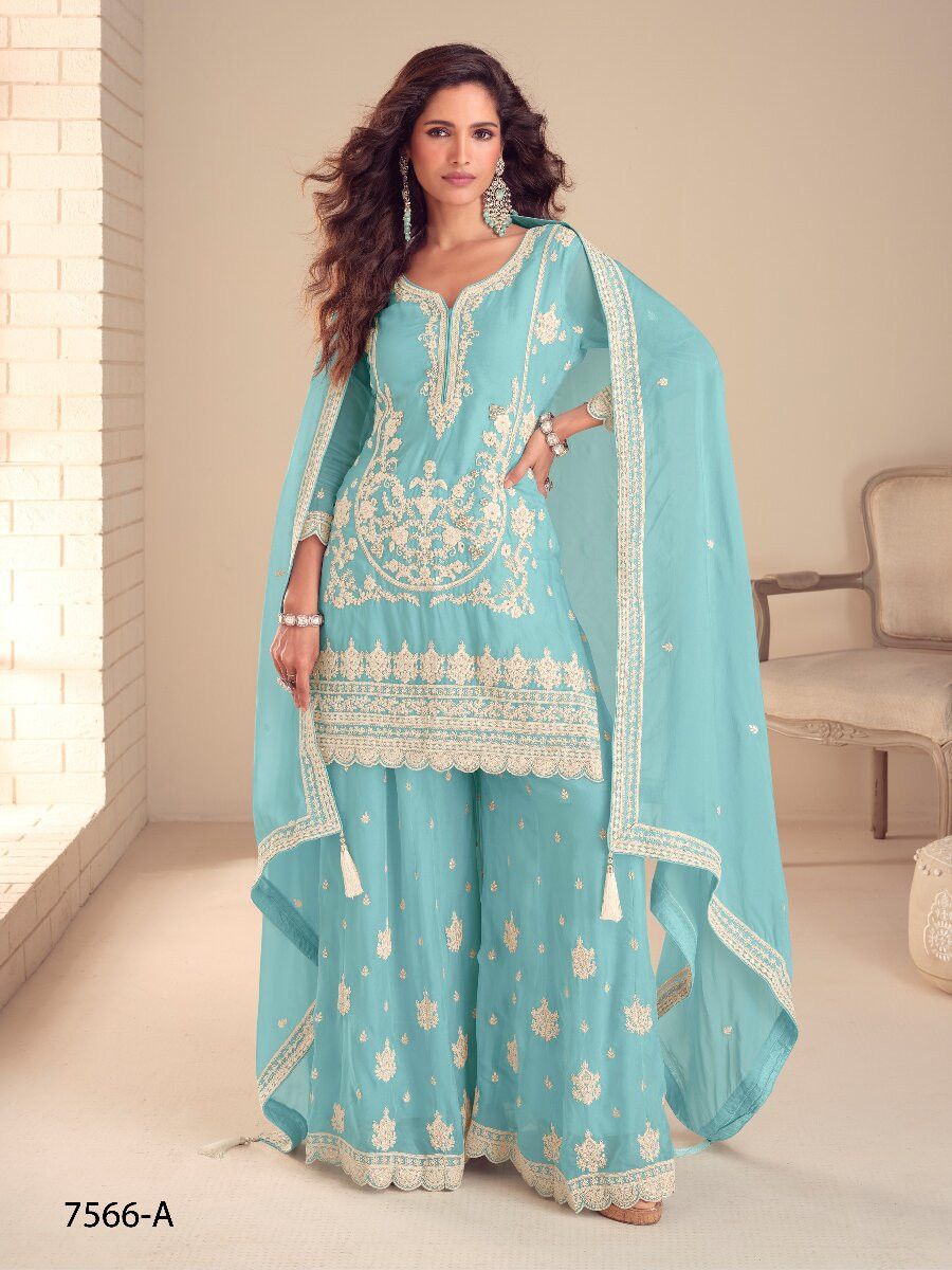 Sky Blue Real Chinon Embroidery Wedding Party Festival Casual Ready Palazzo Pant Salwar Kameez
