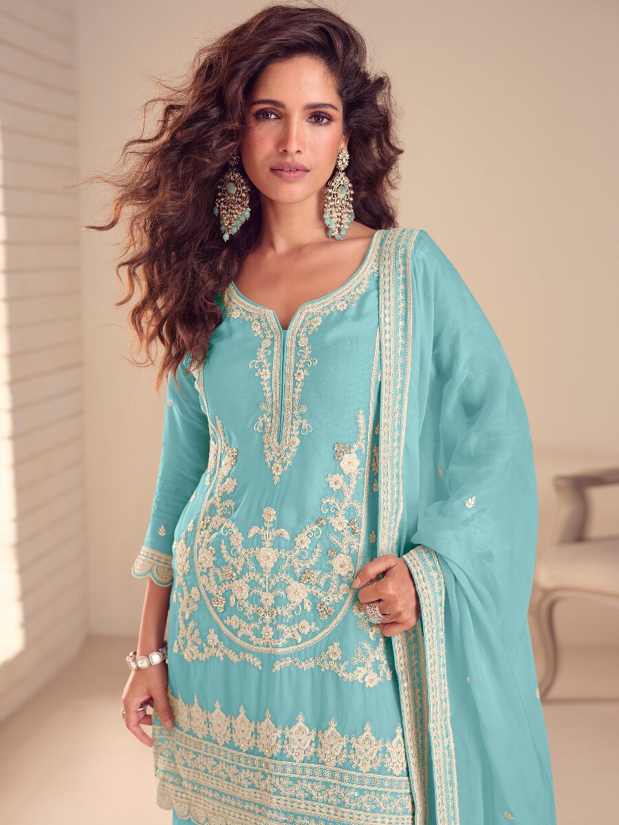 Sky Blue Real Chinon Embroidery Wedding Party Festival Casual Ready Palazzo Pant Salwar Kameez