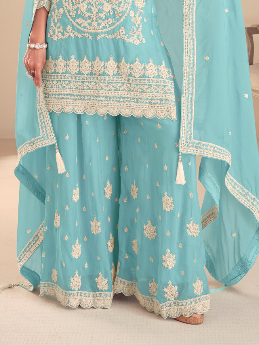 Sky Blue Real Chinon Embroidery Wedding Party Festival Casual Ready Palazzo Pant Salwar Kameez