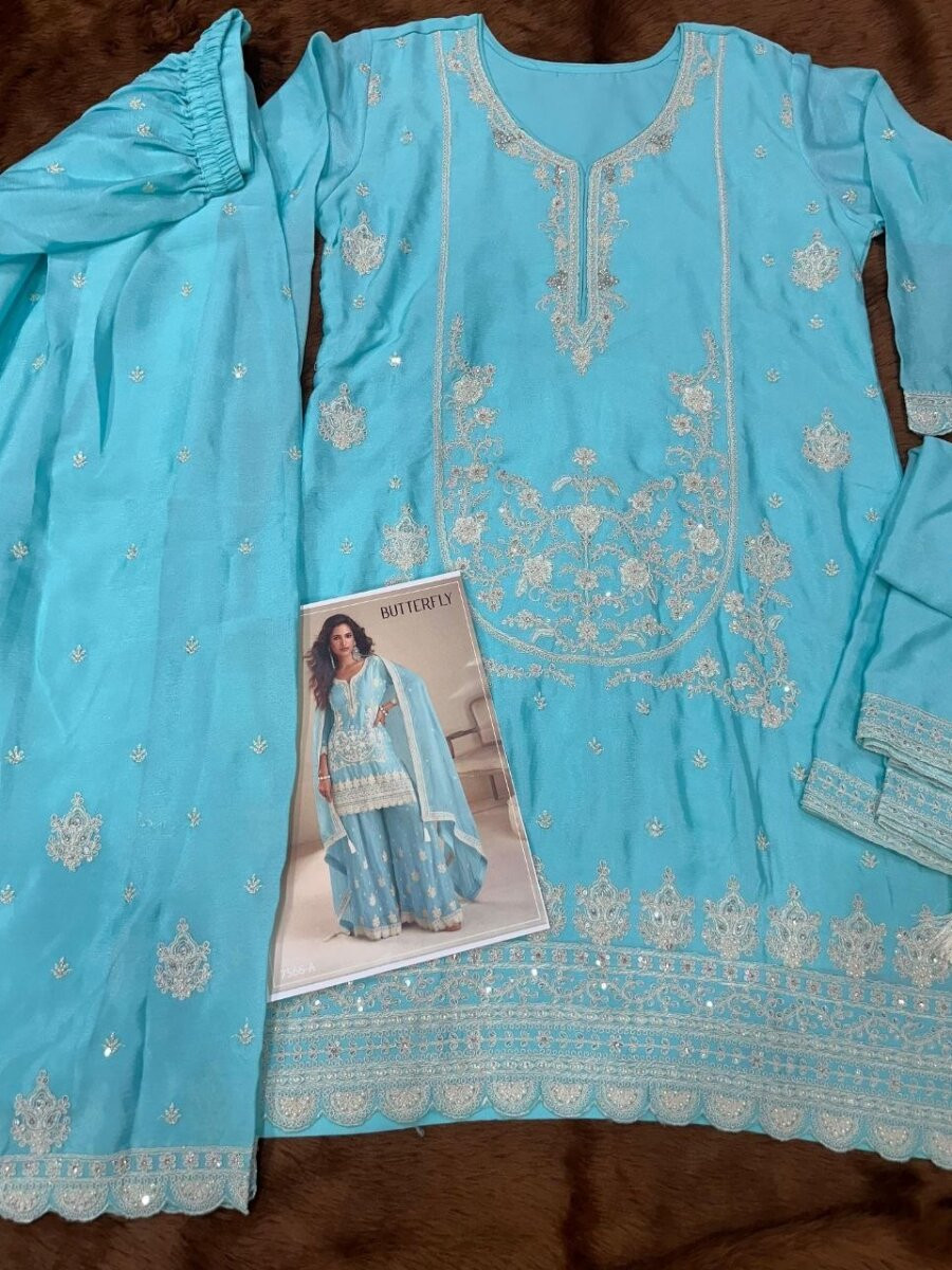Sky Blue Real Chinon Embroidery Wedding Party Festival Casual Ready Palazzo Pant Salwar Kameez