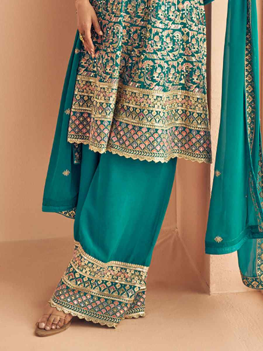 Sky Blue Real Georgette Embroidered Party Wedding Ready Palazzo Pant Salwar Kameez