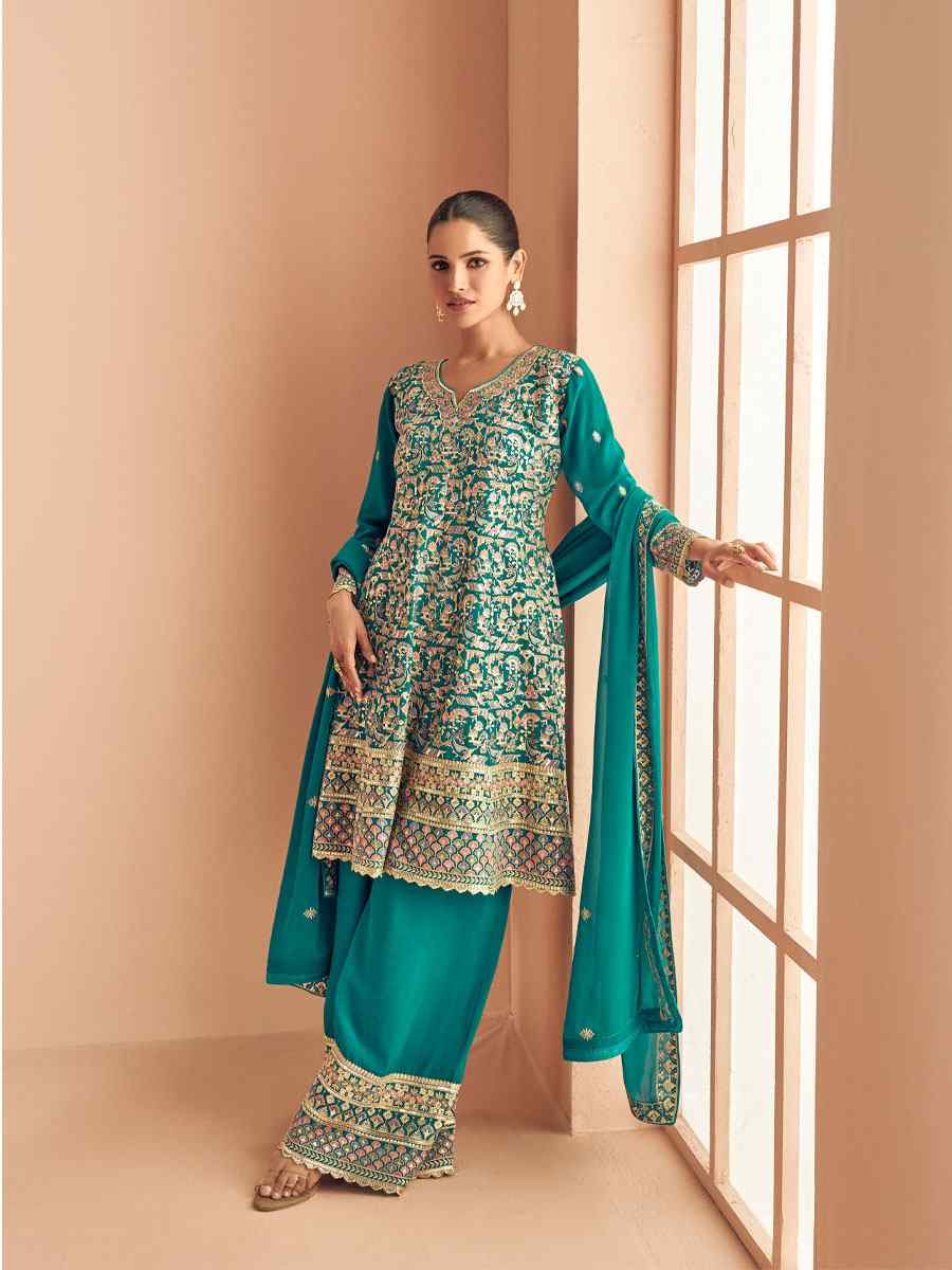 Sky Blue Real Georgette Embroidered Party Wedding Ready Palazzo Pant Salwar Kameez