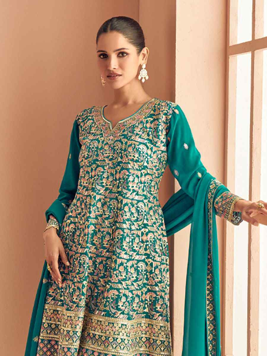 Sky Blue Real Georgette Embroidered Party Wedding Ready Palazzo Pant Salwar Kameez