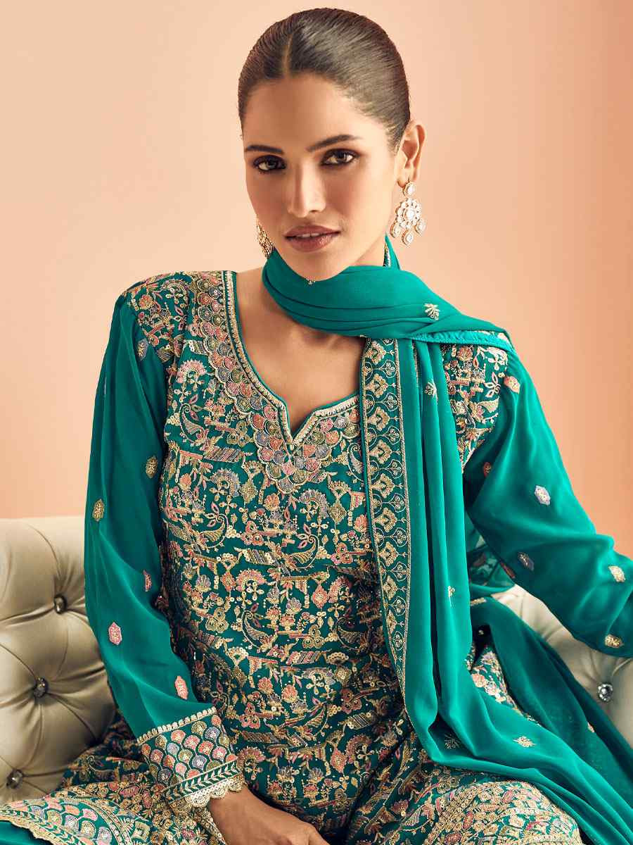 Sky Blue Real Georgette Embroidered Party Wedding Ready Palazzo Pant Salwar Kameez