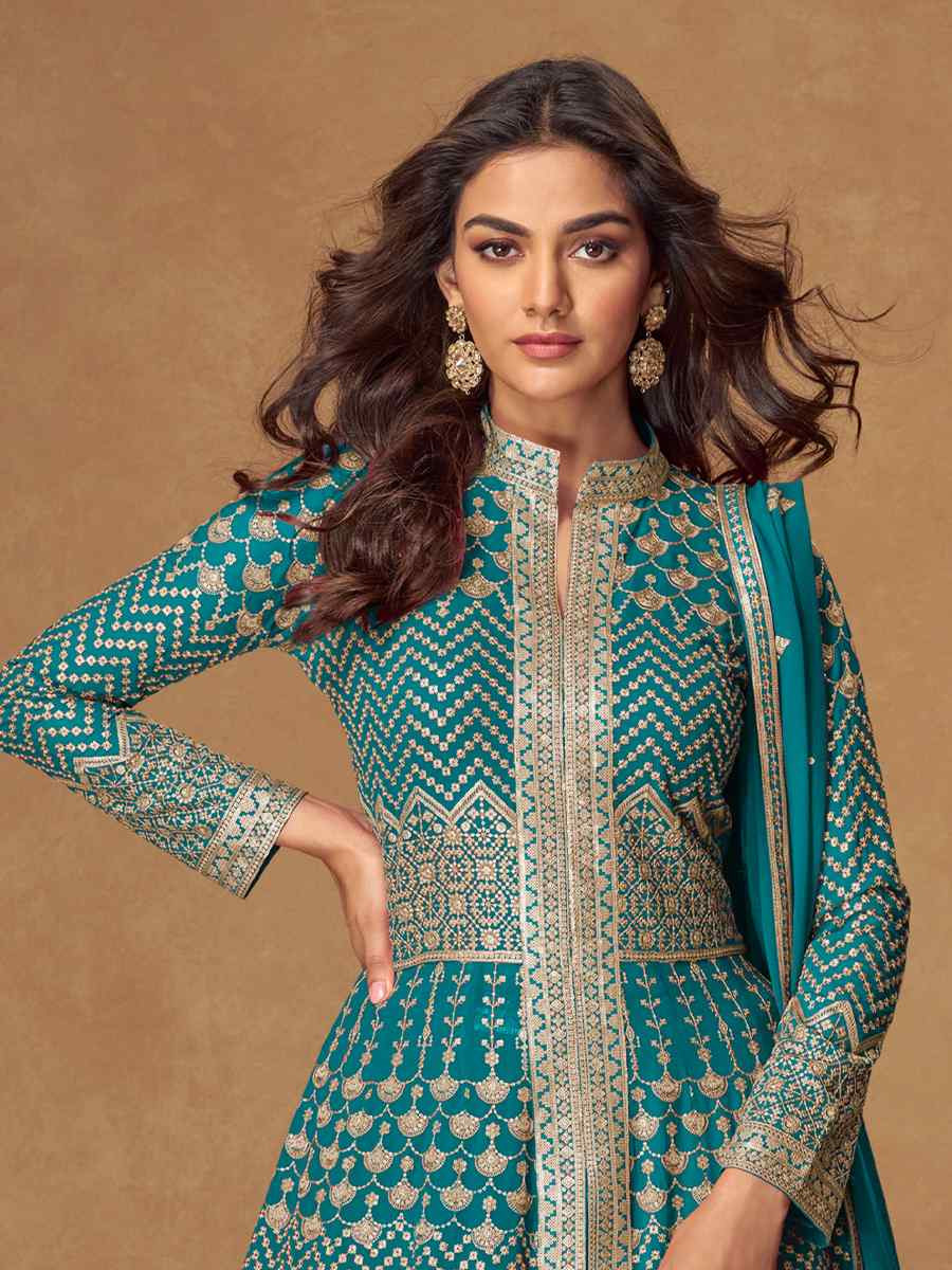 Sky Blue Real Georgette Embroidery Party Wedding Festival Ready Lawn Salwar Kameez