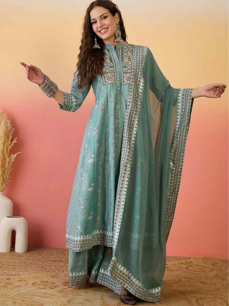 Sky Blue Roman Silk Embroidered Festival Casual Ready Palazzo Pant Salwar Kameez