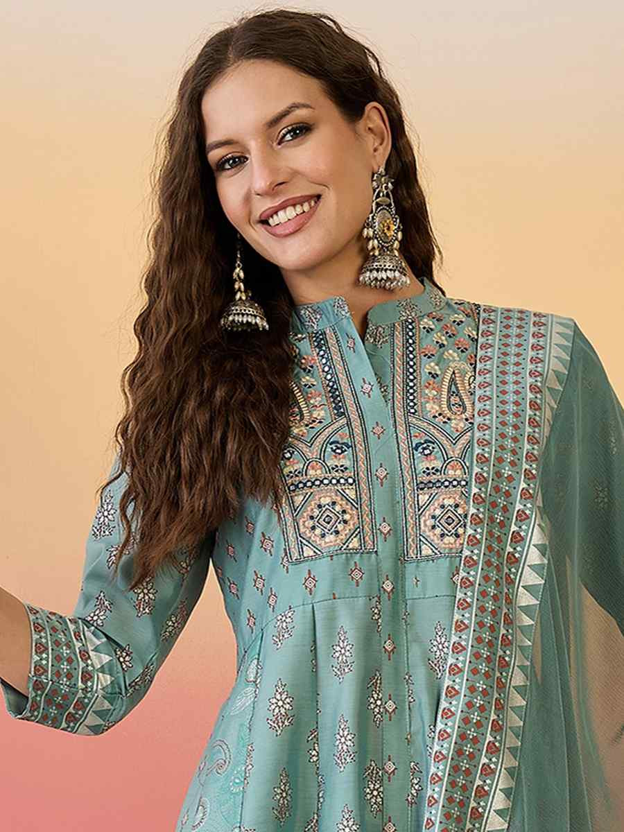 Sky Blue Roman Silk Embroidered Festival Casual Ready Palazzo Pant Salwar Kameez