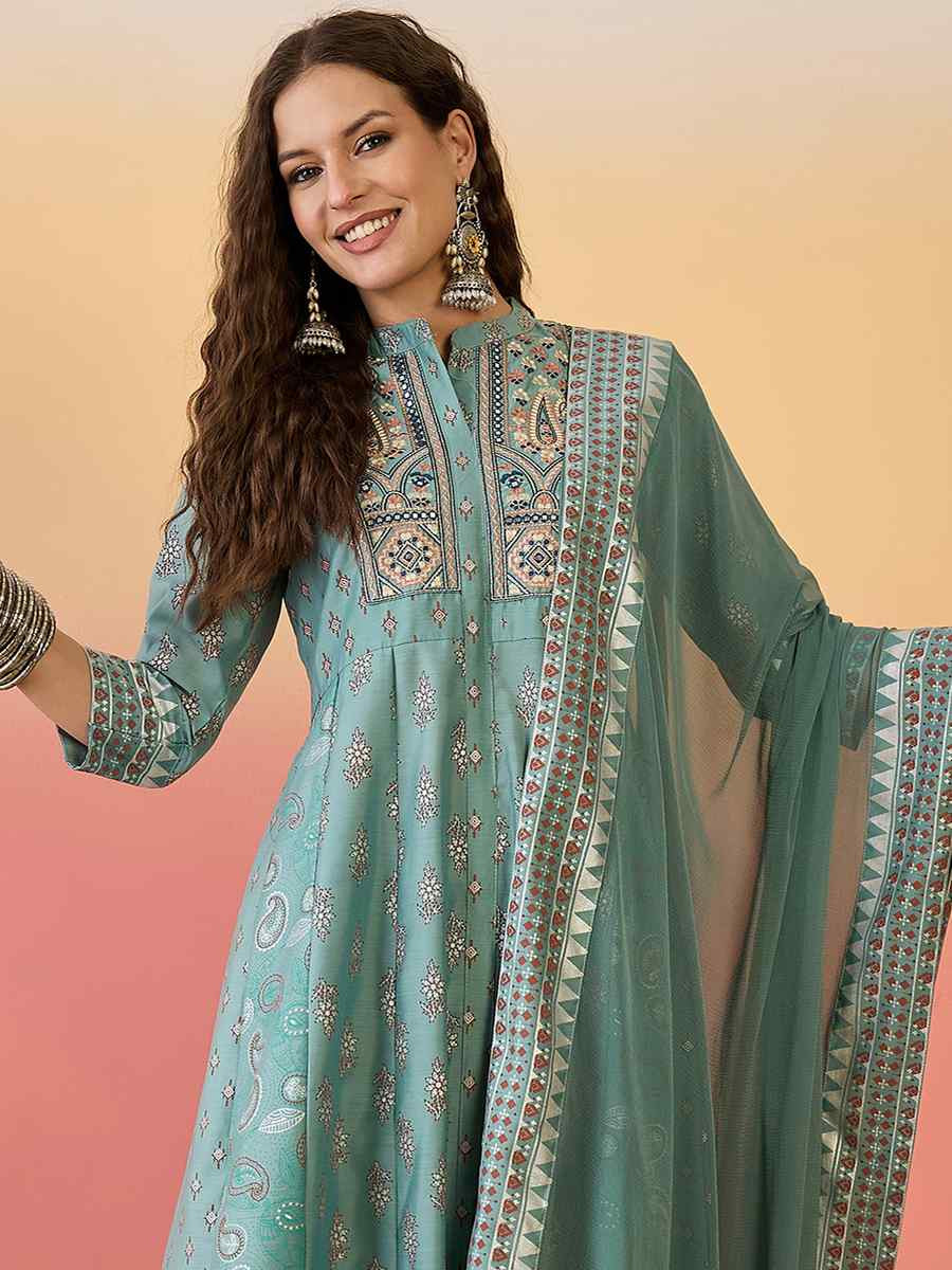 Sky Blue Roman Silk Embroidered Festival Casual Ready Palazzo Pant Salwar Kameez