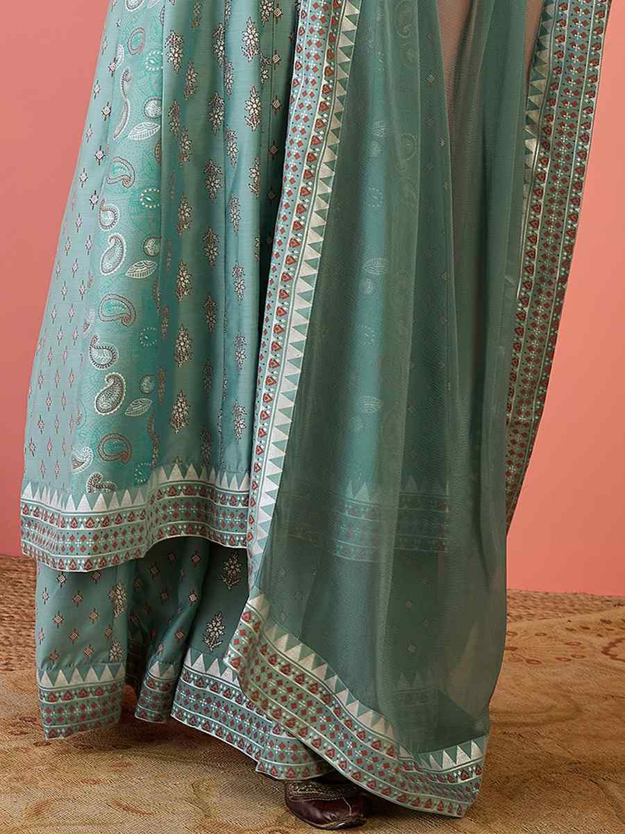 Sky Blue Roman Silk Embroidered Festival Casual Ready Palazzo Pant Salwar Kameez