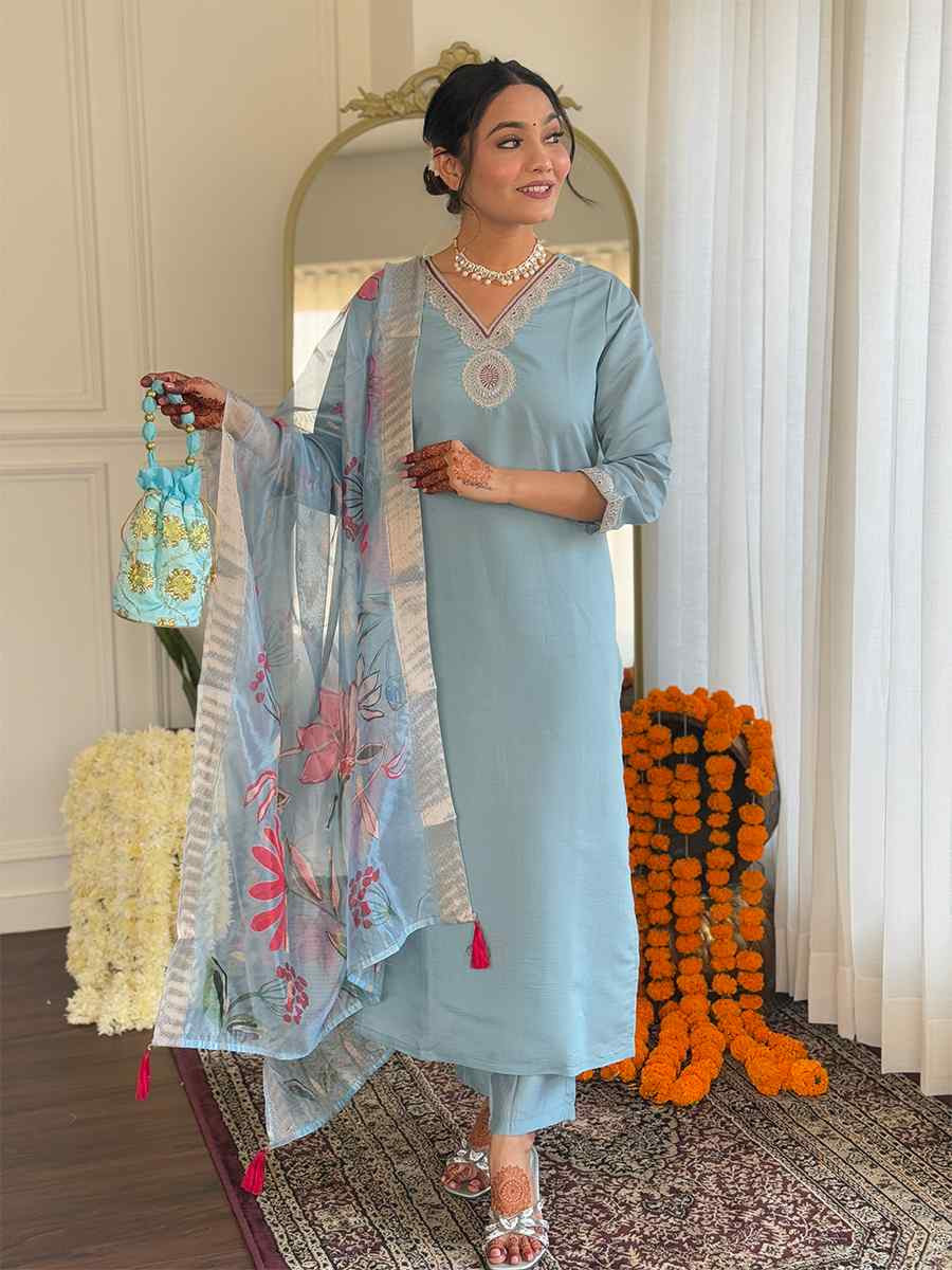 Sky Blue Roman Silk Embroidered Festival Casual Ready Pant Salwar Kameez