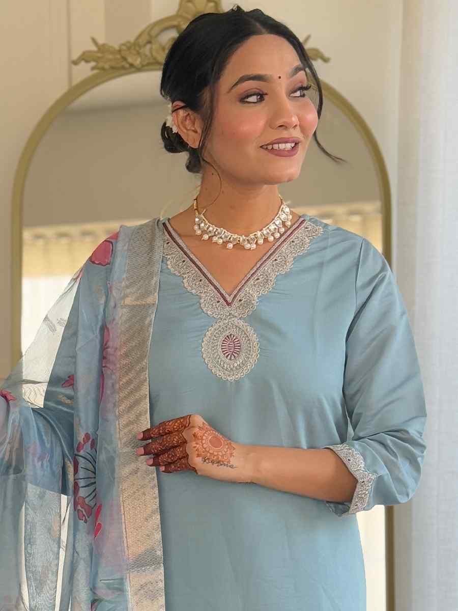 Sky Blue Roman Silk Embroidered Festival Casual Ready Pant Salwar Kameez