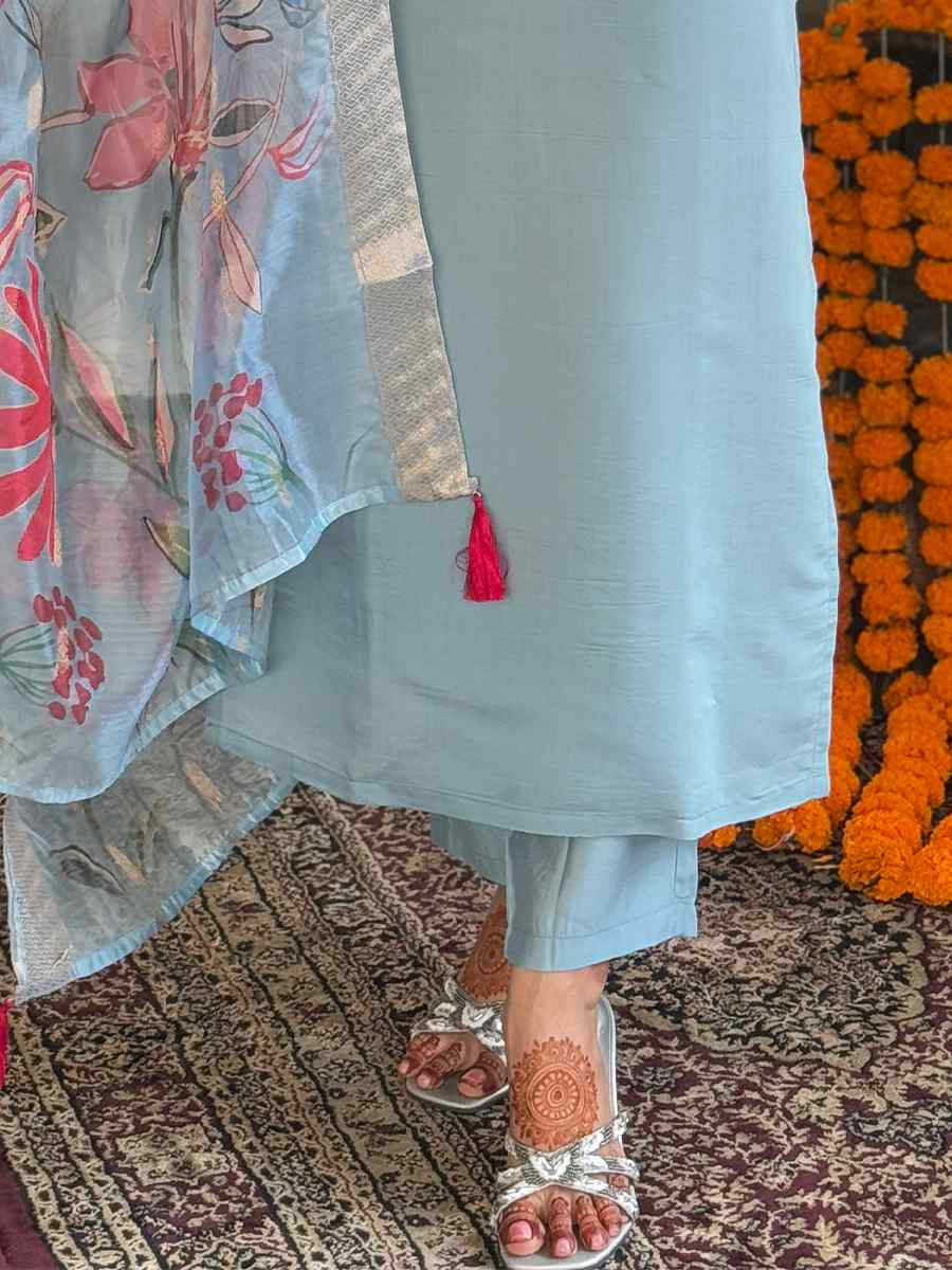 Sky Blue Roman Silk Embroidered Festival Casual Ready Pant Salwar Kameez