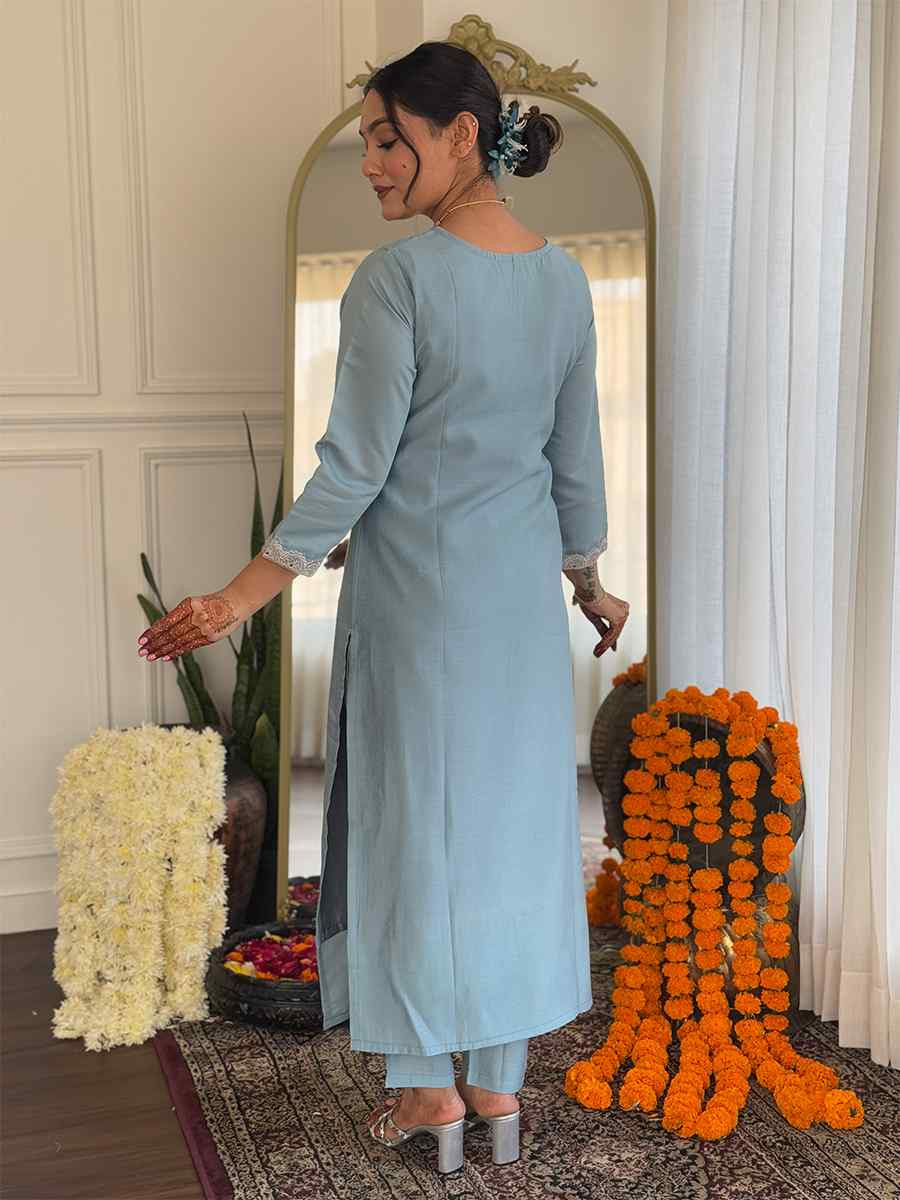 Sky Blue Roman Silk Embroidered Festival Casual Ready Pant Salwar Kameez