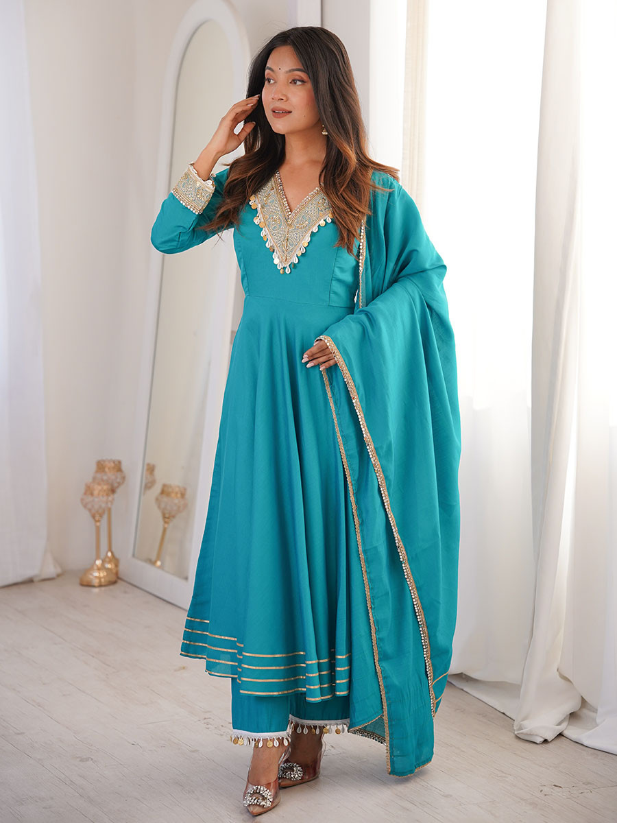 Sky Blue Roman Silk Embroidery Sequins Wedding Party Festival Casual Ready Anarkali Pant Salwar Kameez