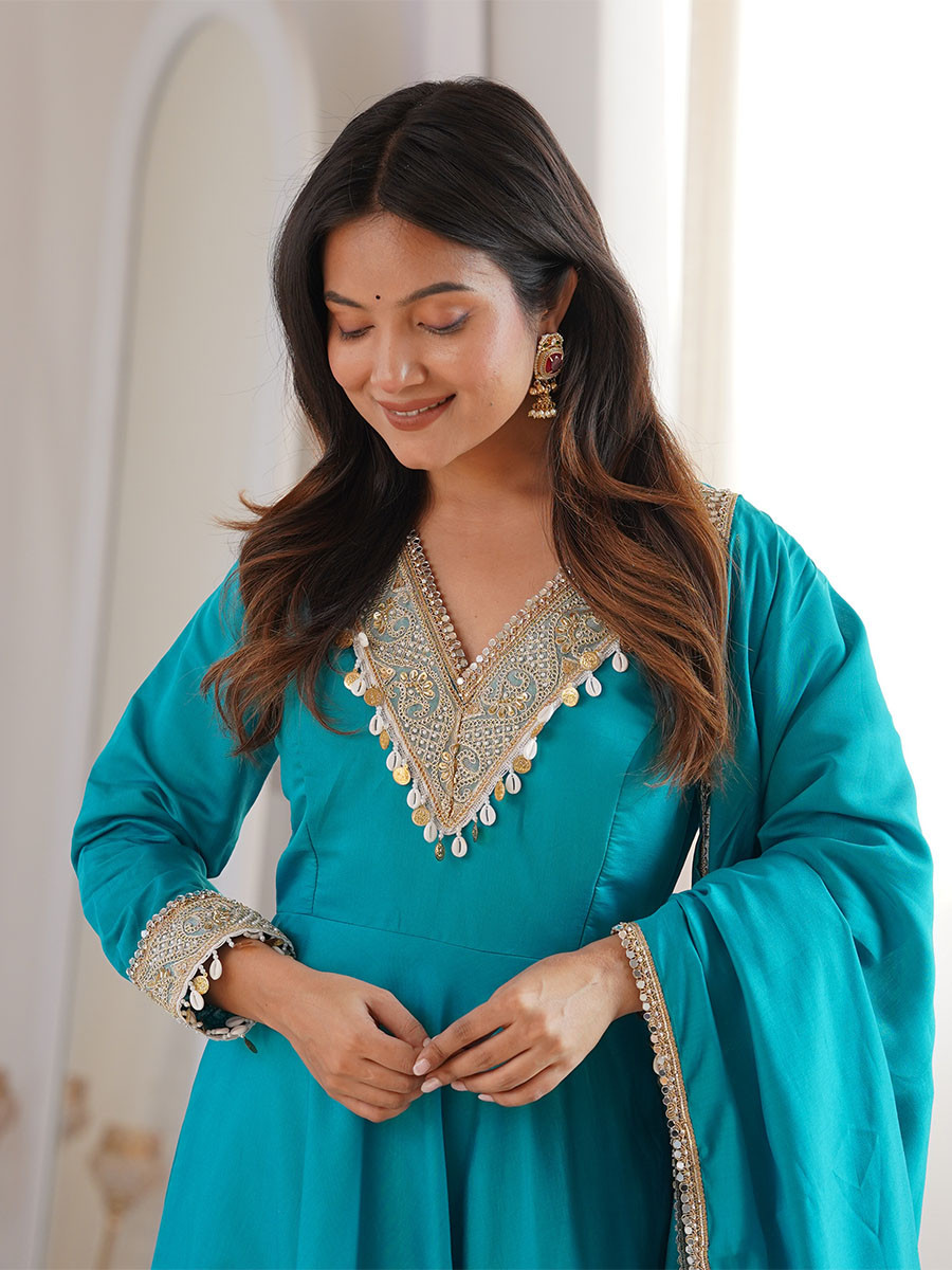 Sky Blue Roman Silk Embroidery Sequins Wedding Party Festival Casual Ready Anarkali Pant Salwar Kameez