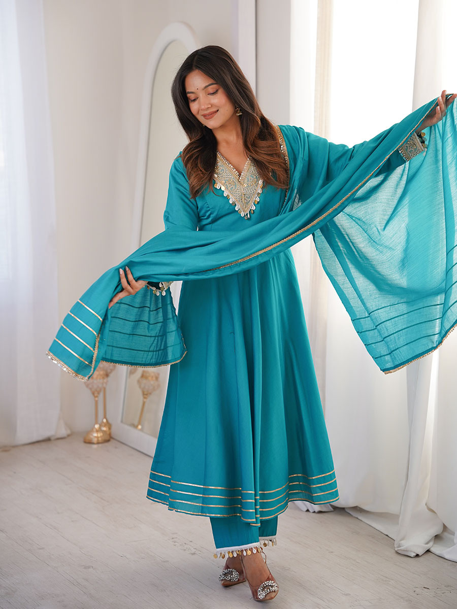 Sky Blue Roman Silk Embroidery Sequins Wedding Party Festival Casual Ready Anarkali Pant Salwar Kameez